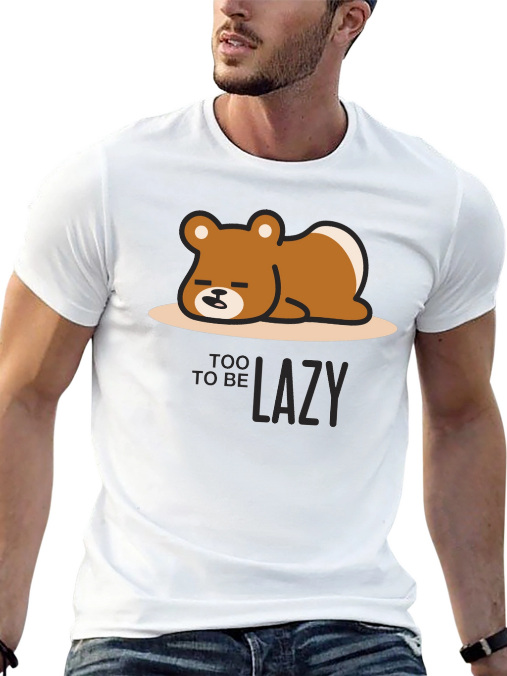 Too Lazy Bear Graphic Tee - Black Cotton T-Shirt