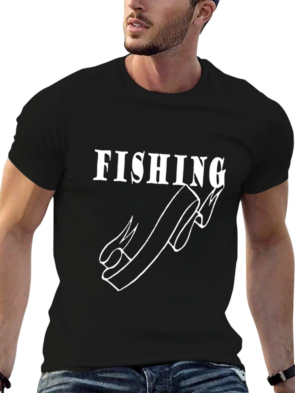 Fishing Hook Graphic Tee - Black Cotton Casual Shirt
