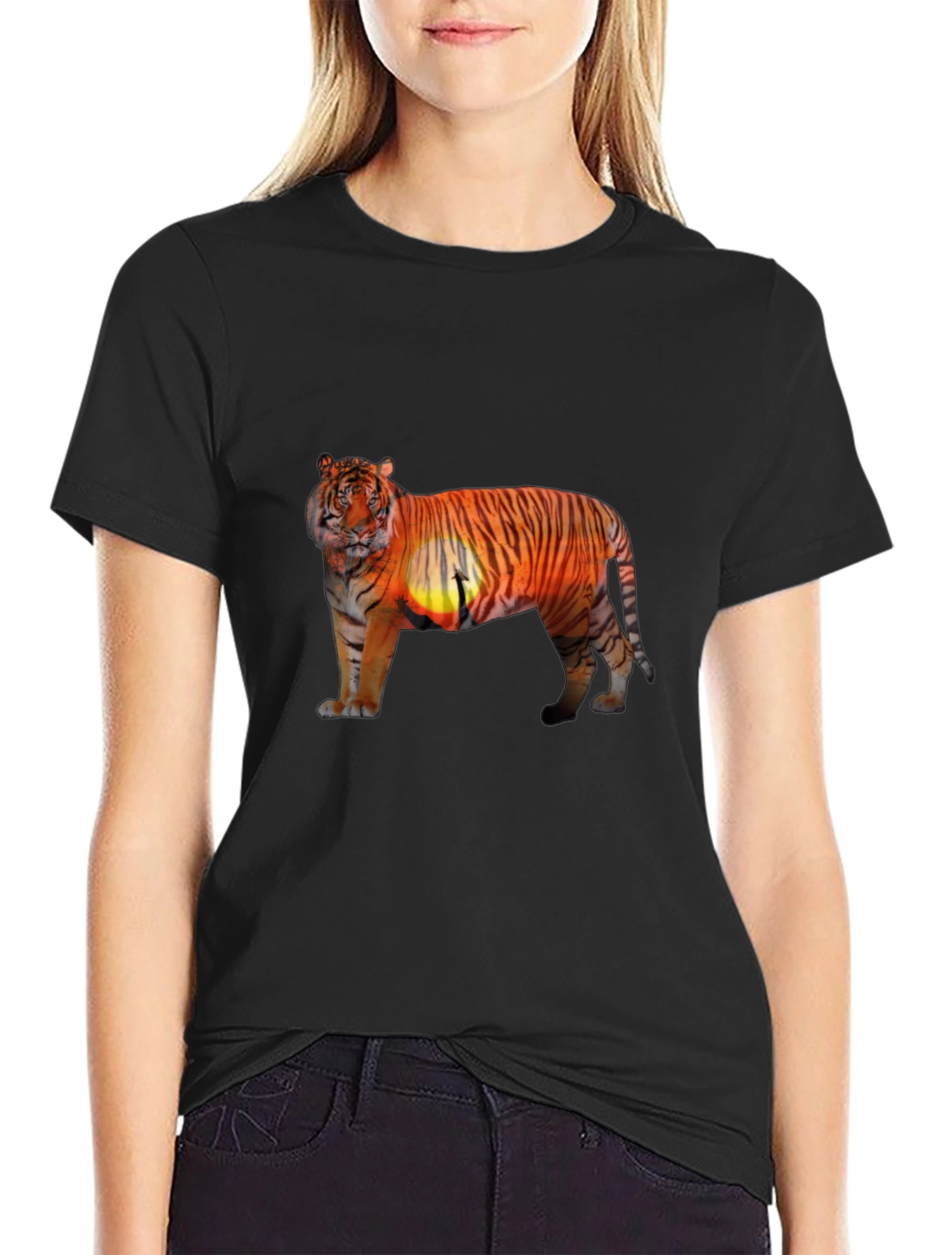 Tiger Sunset Graphic Print Black T-Shirt