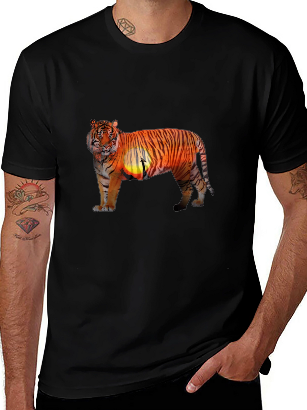 Tiger Sunset Graphic Print Black T-Shirt