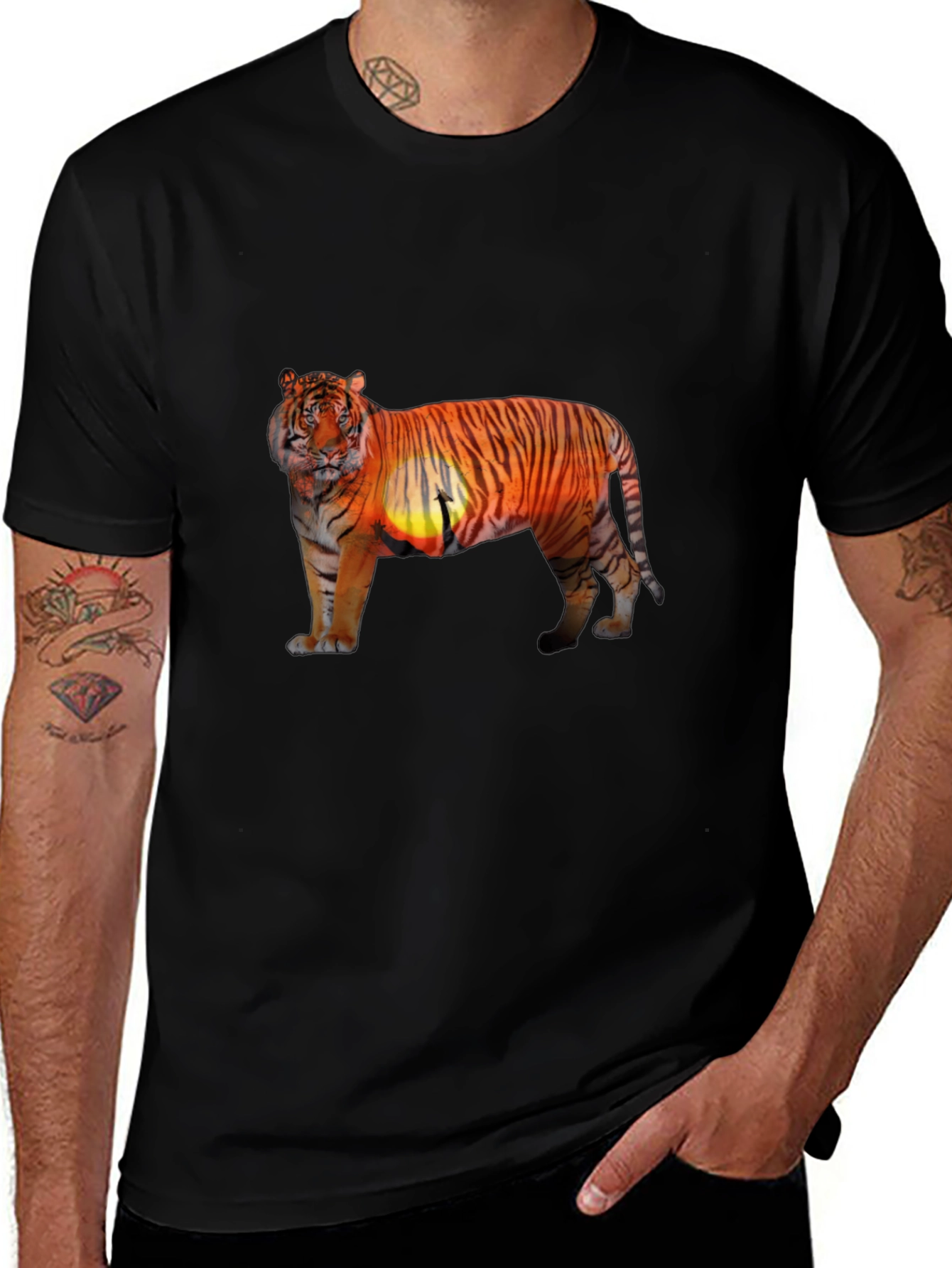 Tiger Sunset Graphic Print Black T-Shirt