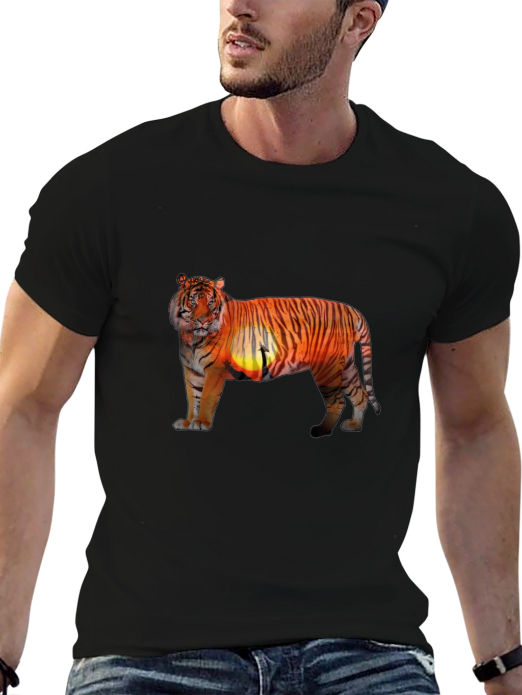 Tiger Sunset Graphic Print Black T-Shirt