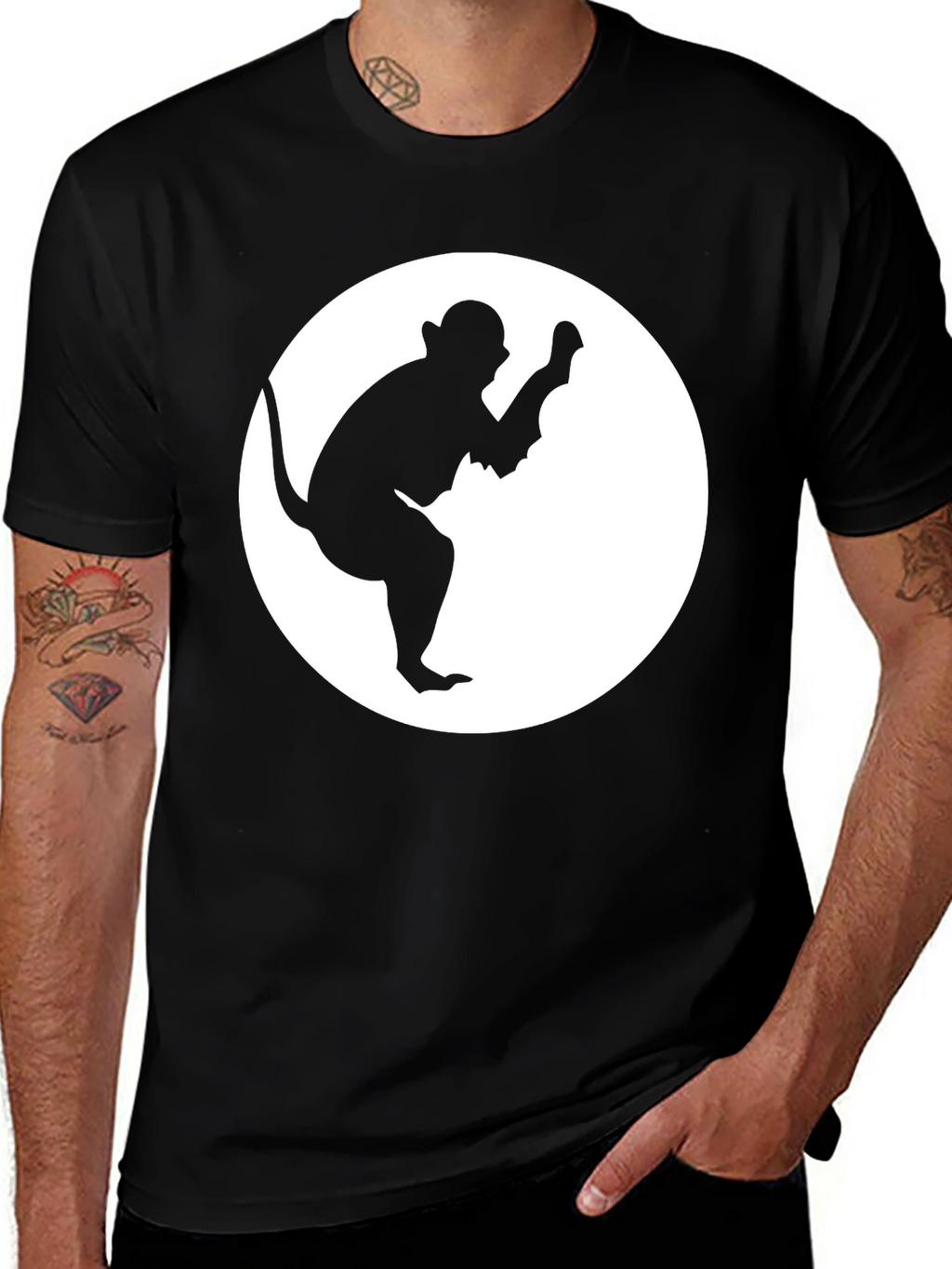Monkey Silhouette Graphic Tee - Black Cotton Casual