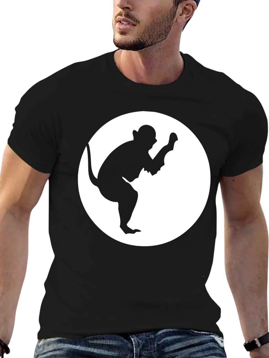 Monkey Silhouette Graphic Tee - Black Cotton Casual