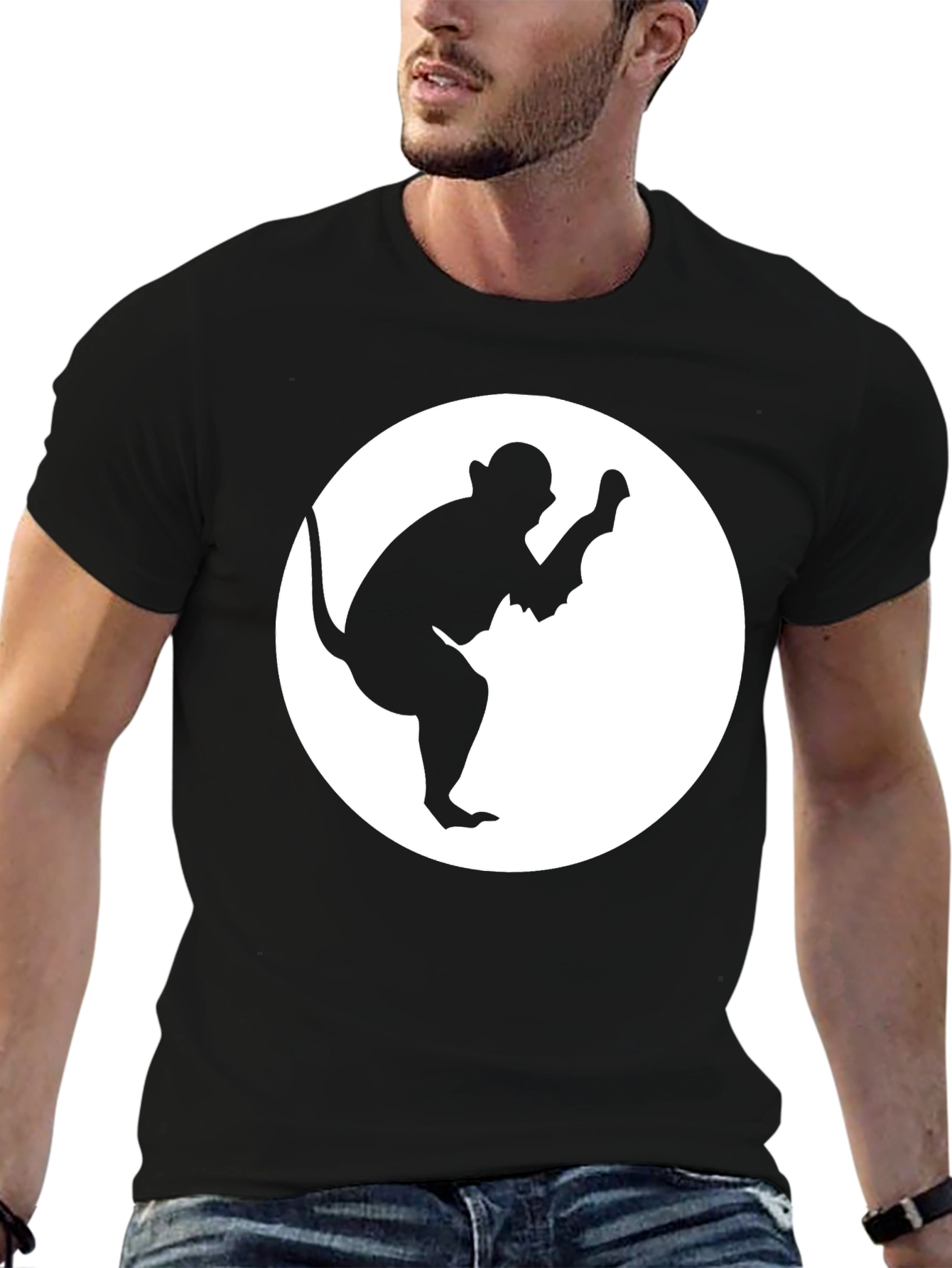 Monkey Silhouette Graphic Tee - Black Cotton Casual