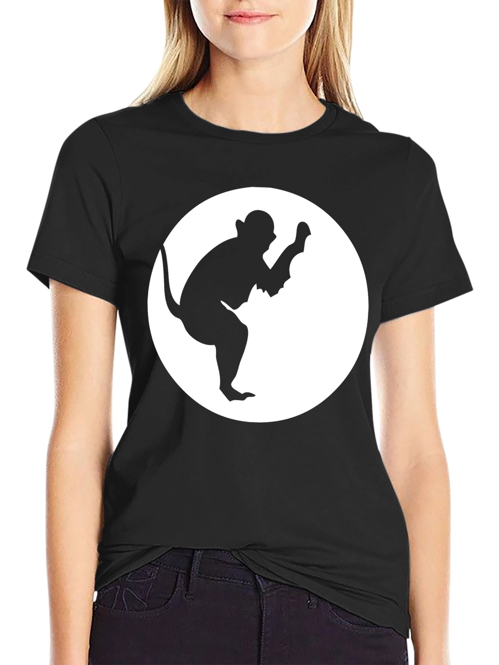 Monkey Silhouette Graphic Tee - Black Cotton Casual