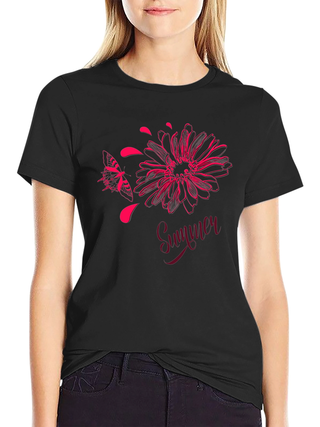 Summer Floral Butterfly Graphic Black T-Shirt
