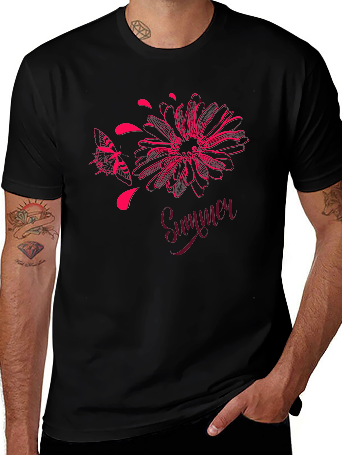 Summer Floral Butterfly Graphic Black T-Shirt