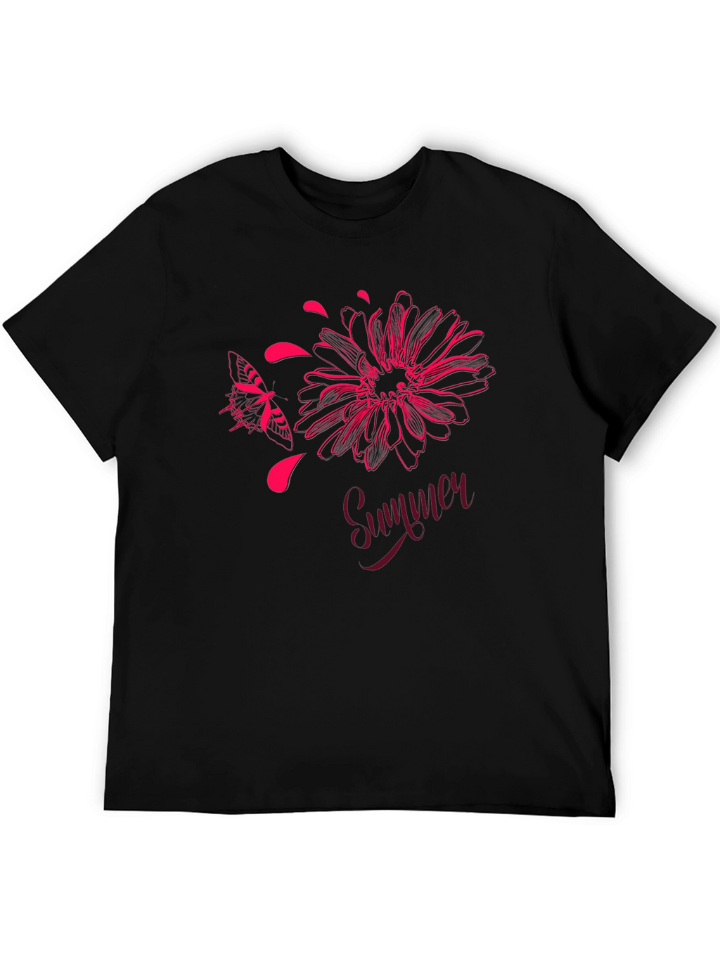 Summer Floral Butterfly Graphic Black T-Shirt