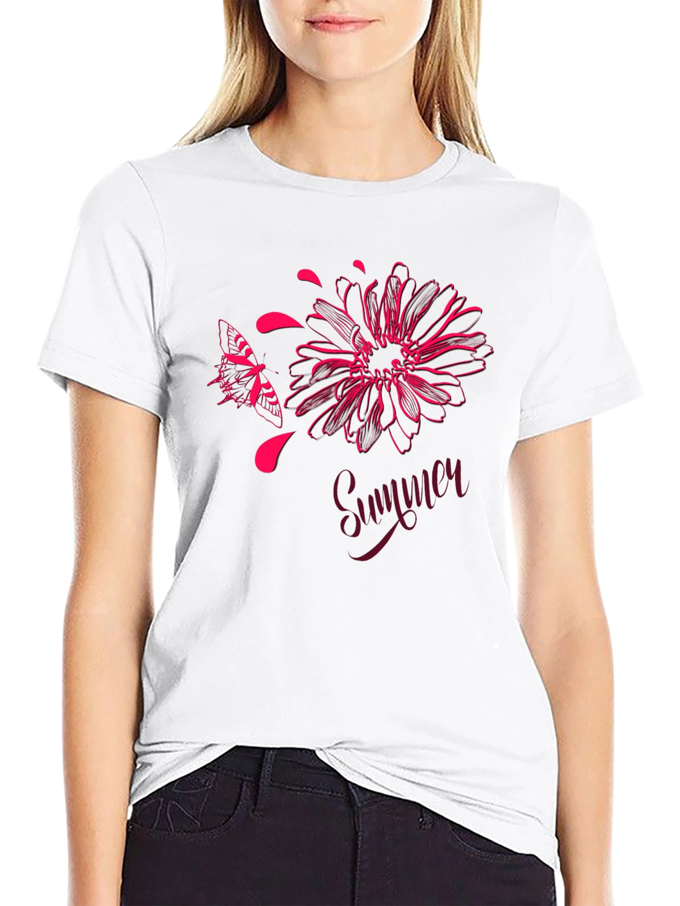 Summer Floral Butterfly Graphic Black T-Shirt