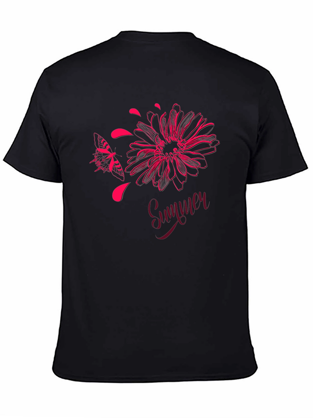 Summer Floral Butterfly Graphic Black T-Shirt
