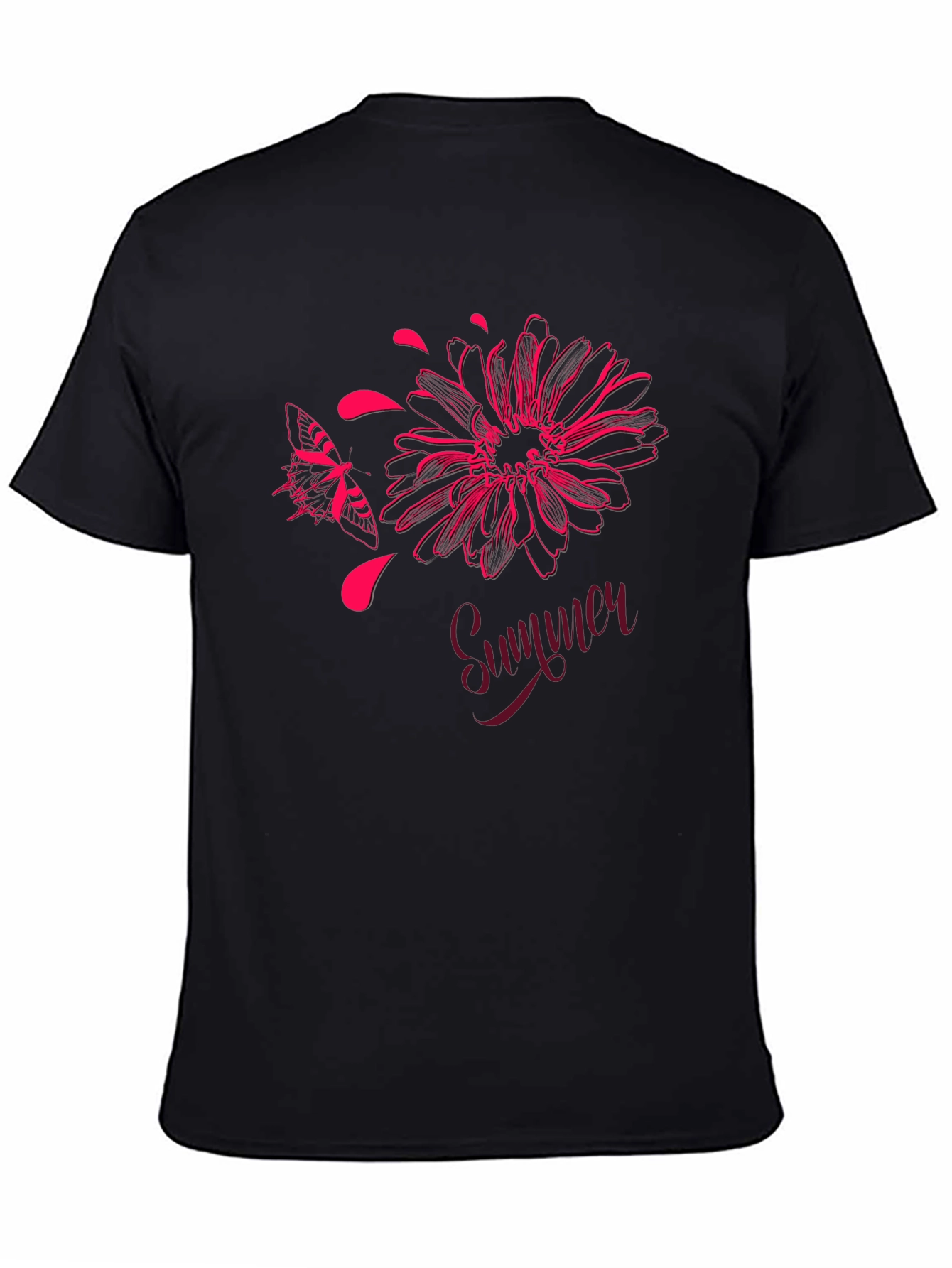Summer Floral Butterfly Graphic Black T-Shirt