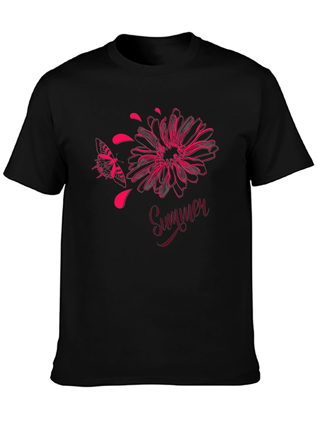 Summer Floral Butterfly Graphic Black T-Shirt