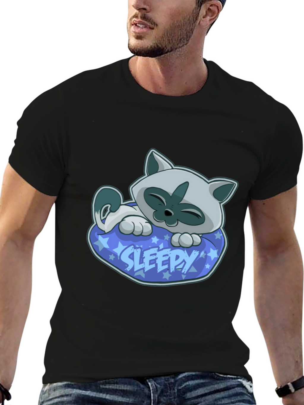 Sleepy Cat Graphic Tee - Cartoon Kitten T-Shirt
