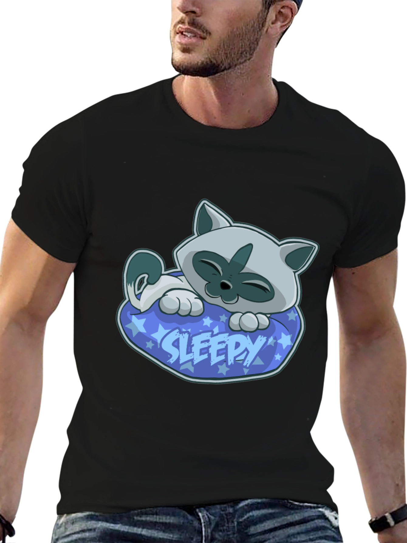 Sleepy Cat Graphic Tee - Cartoon Kitten T-Shirt