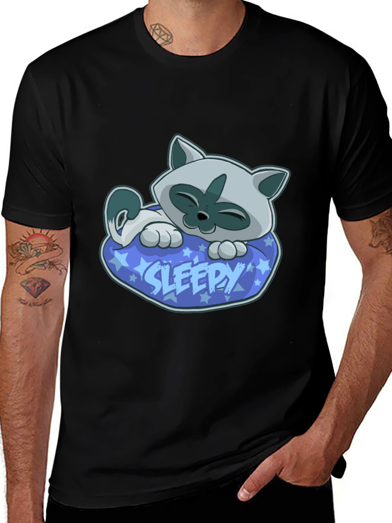Sleepy Cat Graphic Tee - Cartoon Kitten T-Shirt