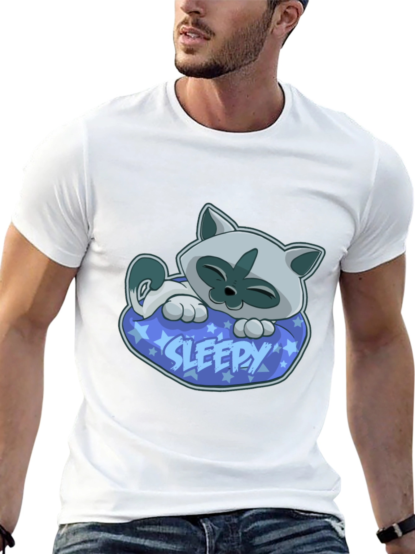 Sleepy Cat Graphic Tee - Cartoon Kitten T-Shirt