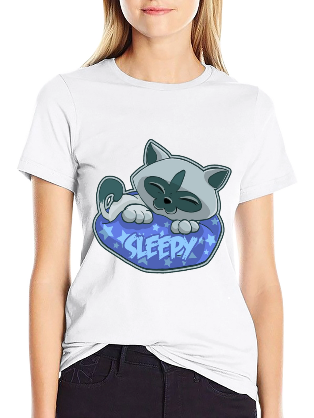 Sleepy Cat Graphic Tee - Cartoon Kitten T-Shirt