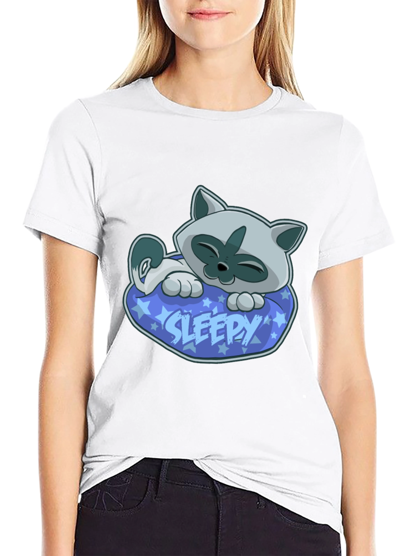 Sleepy Cat Graphic Tee - Cartoon Kitten T-Shirt