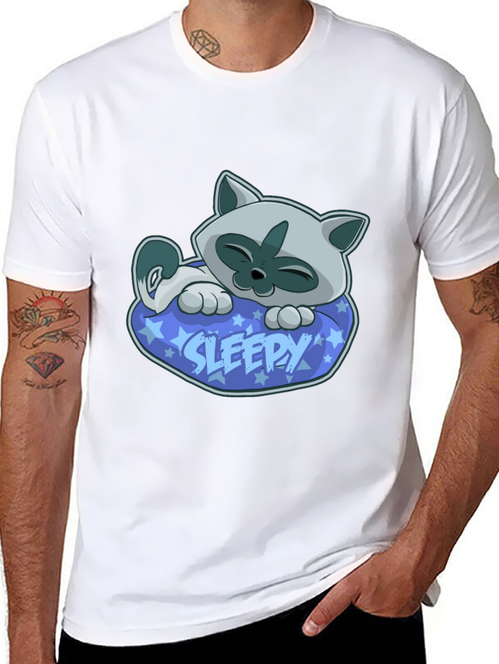 Sleepy Cat Graphic Tee - Cartoon Kitten T-Shirt