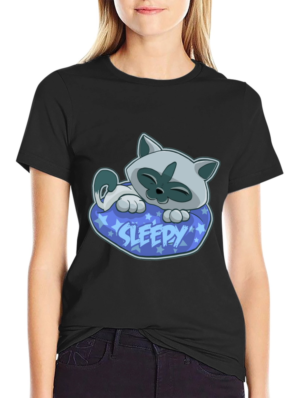Sleepy Cat Graphic Tee - Cartoon Kitten T-Shirt