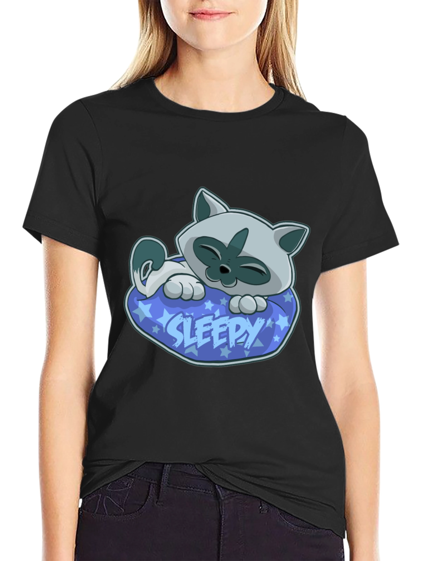 Sleepy Cat Graphic Tee - Cartoon Kitten T-Shirt