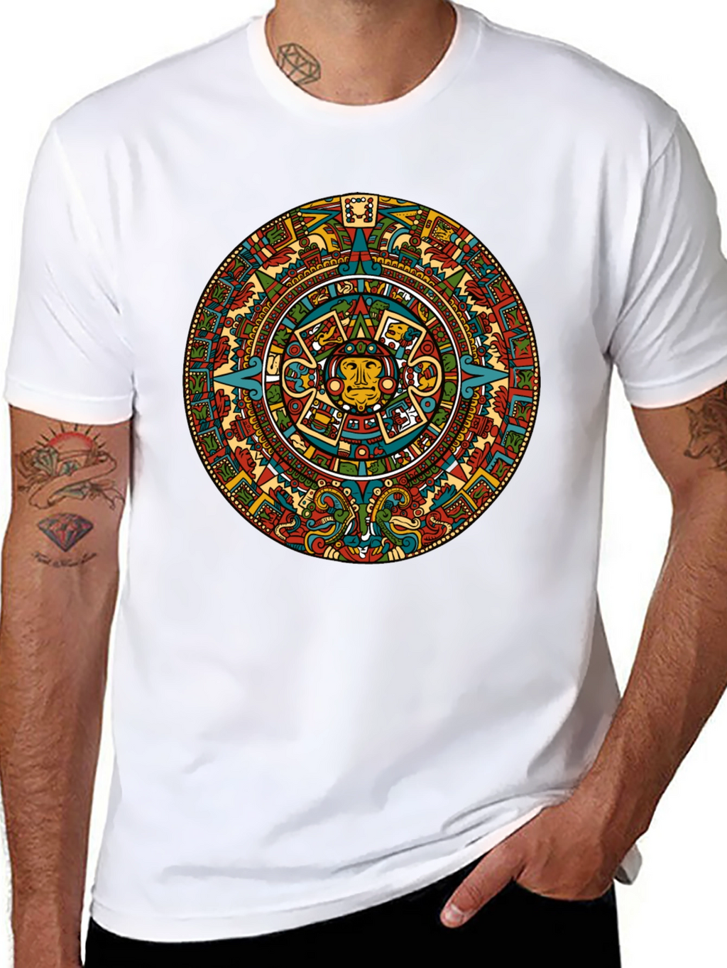 Aztec Calendar Graphic Tee - Black Crew Neck T-Shirt