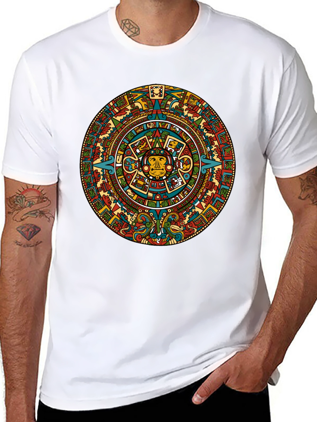 Aztec Calendar Graphic Tee - Black Crew Neck T-Shirt