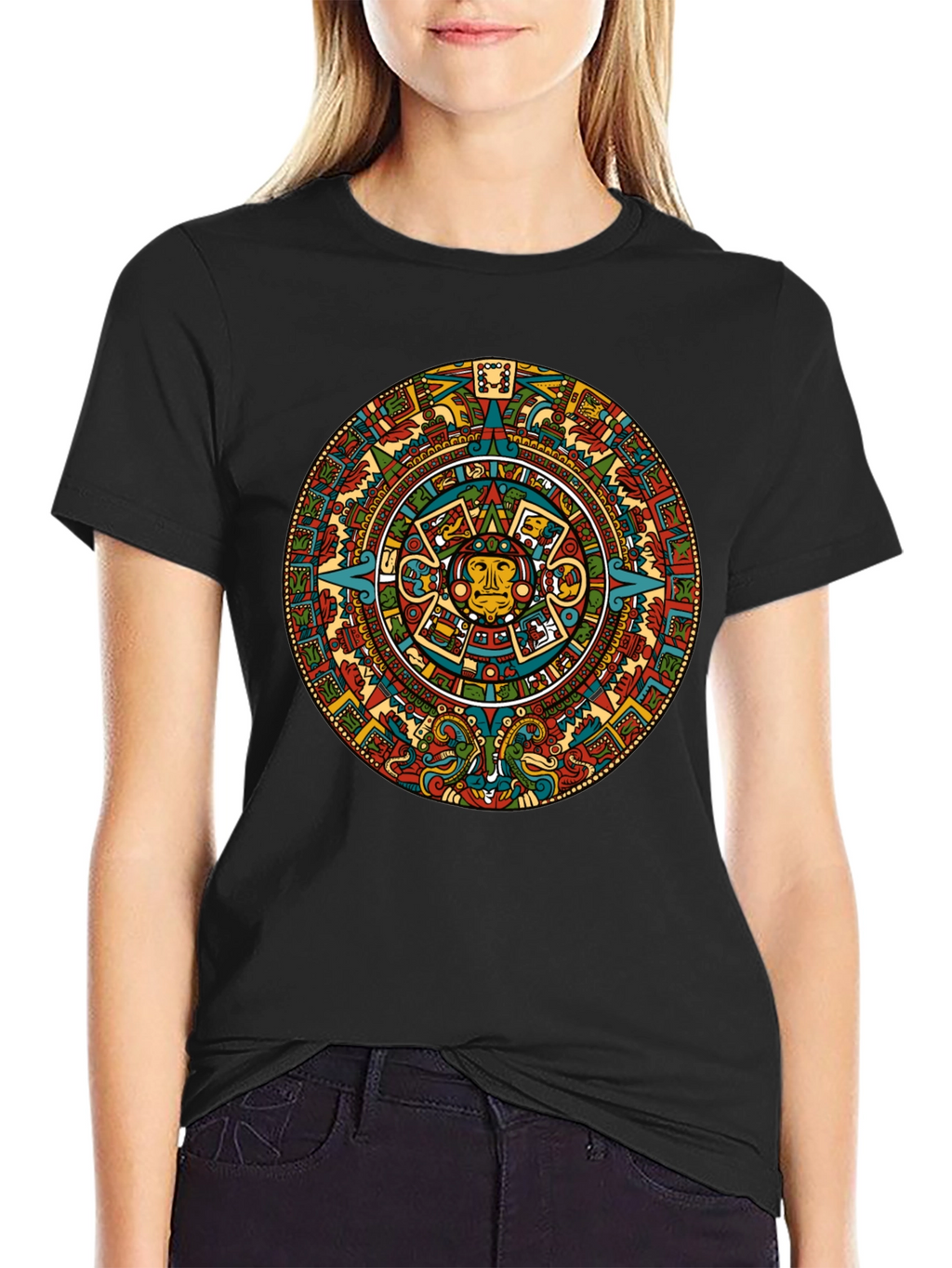 Aztec Calendar Graphic Tee - Black Crew Neck T-Shirt