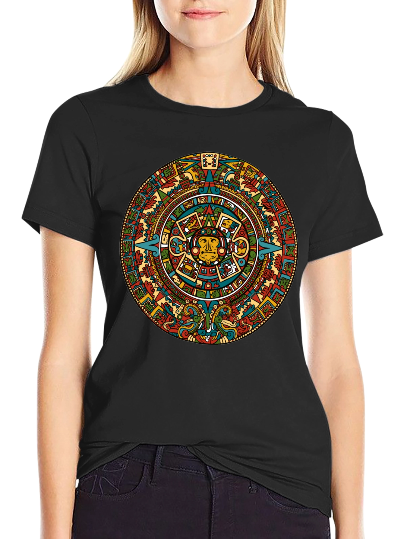 Aztec Calendar Graphic Tee - Black Crew Neck T-Shirt