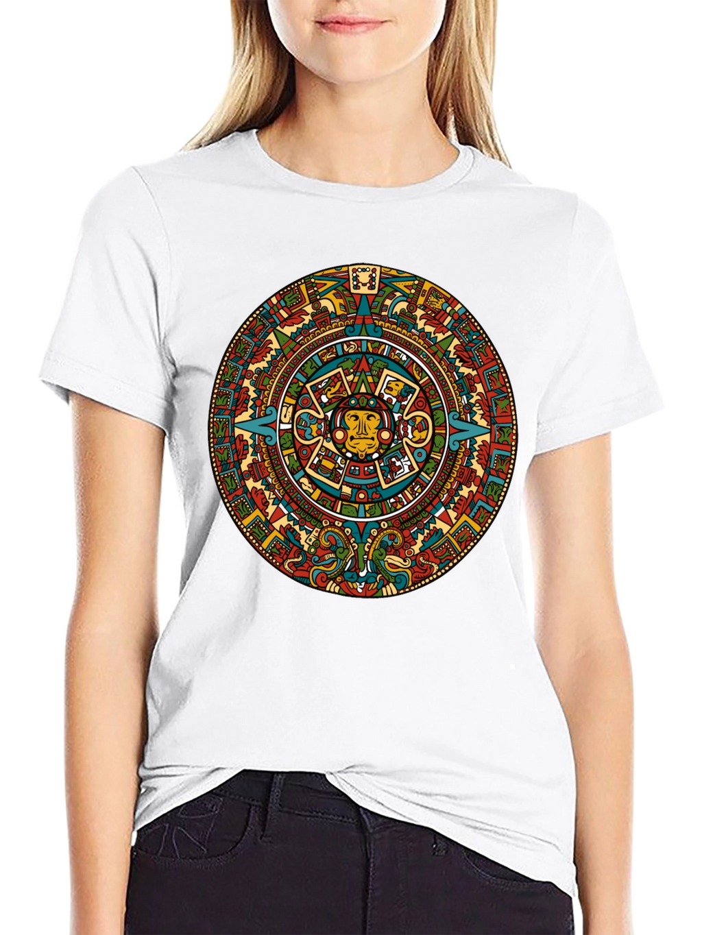 Aztec Calendar Graphic Tee - Black Crew Neck T-Shirt