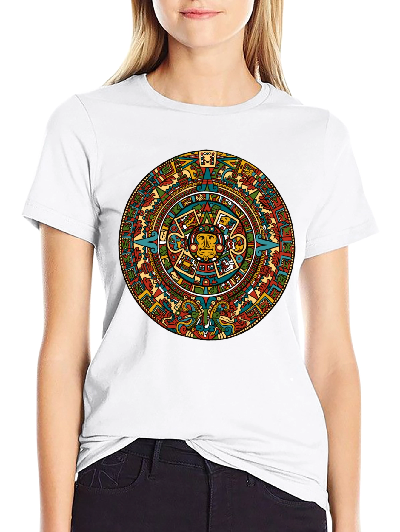 Aztec Calendar Graphic Tee - Black Crew Neck T-Shirt