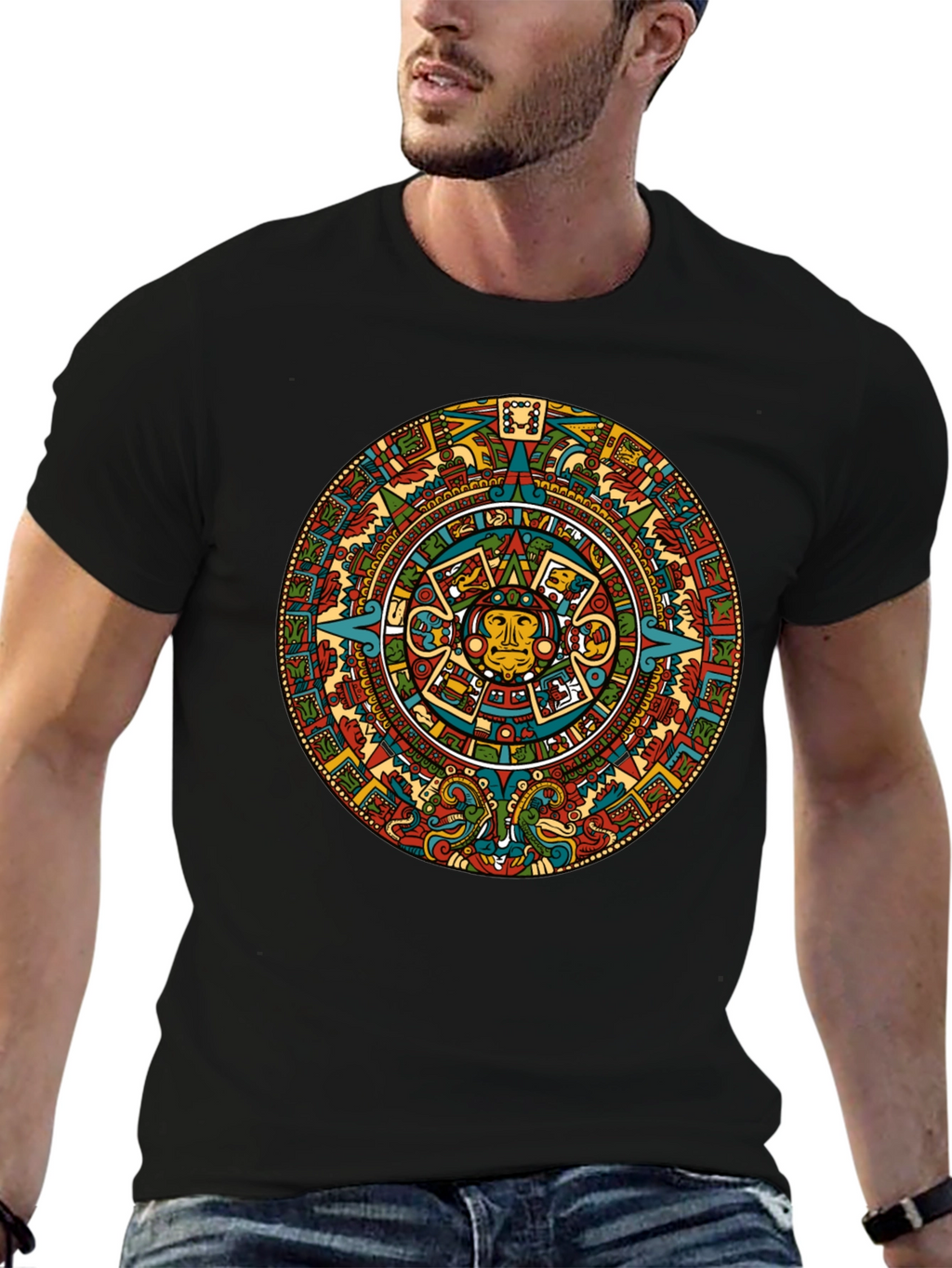Aztec Calendar Graphic Tee - Black Crew Neck T-Shirt