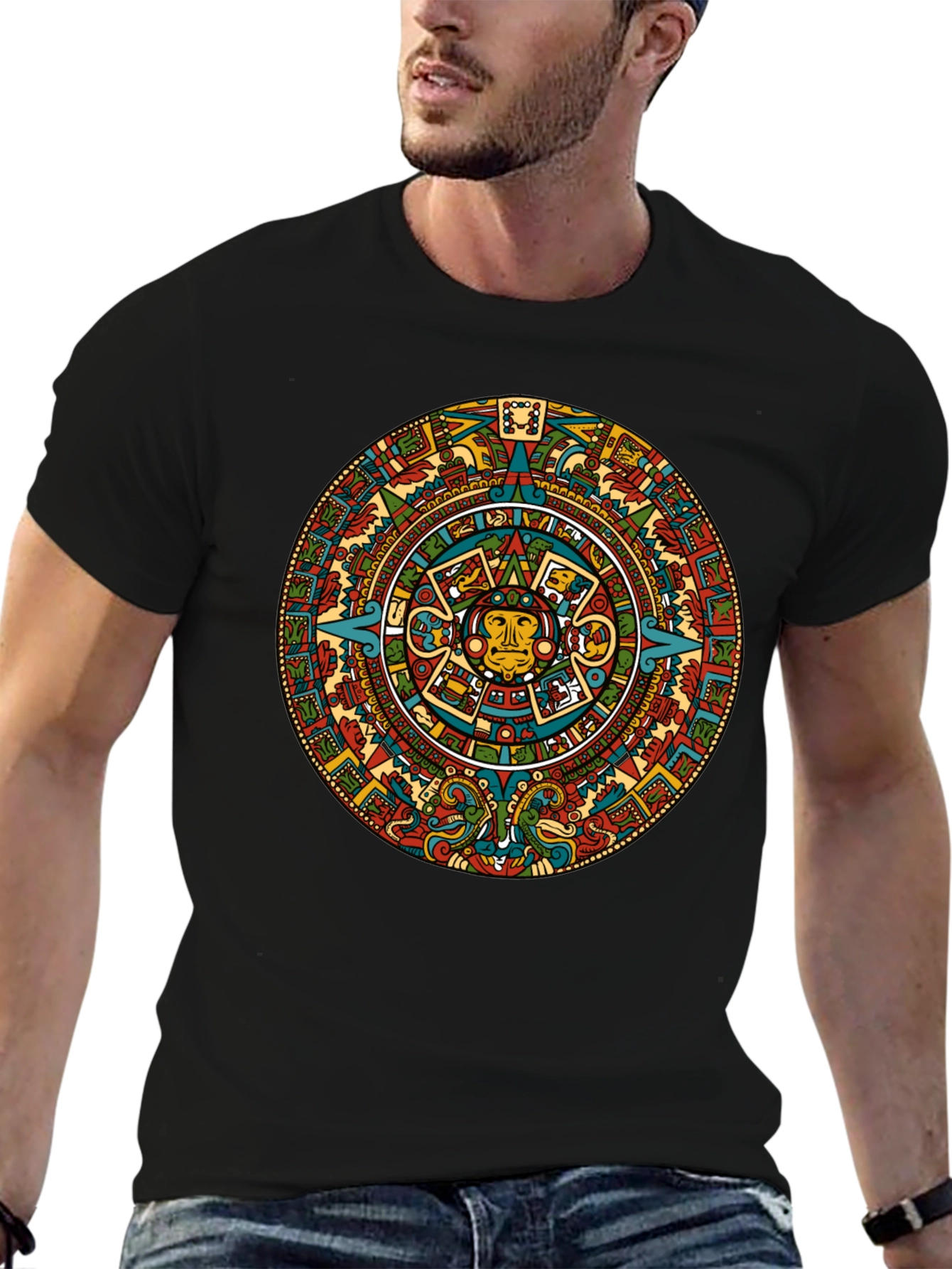 Aztec Calendar Graphic Tee - Black Crew Neck T-Shirt