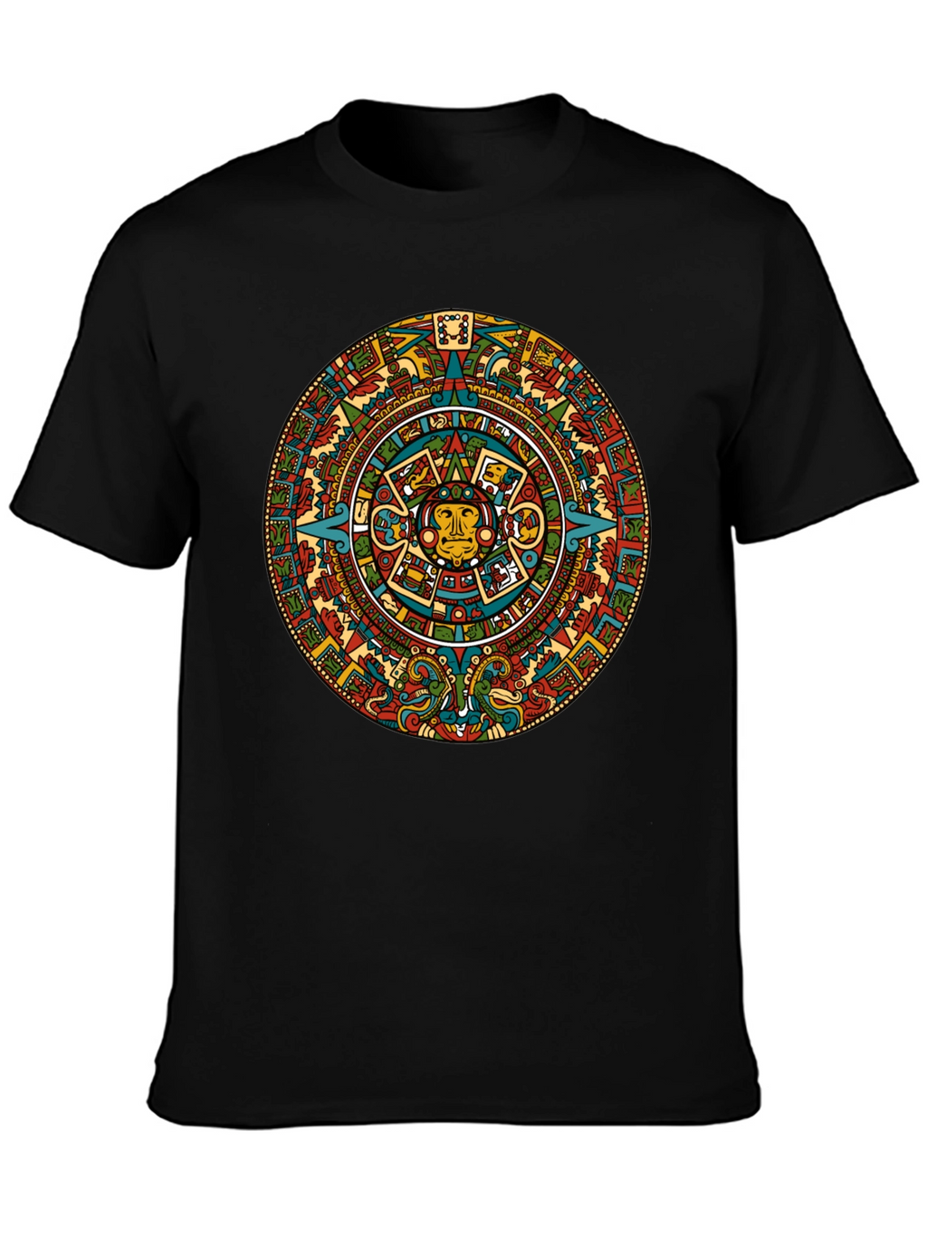 Aztec Calendar Graphic Tee - Black Crew Neck T-Shirt
