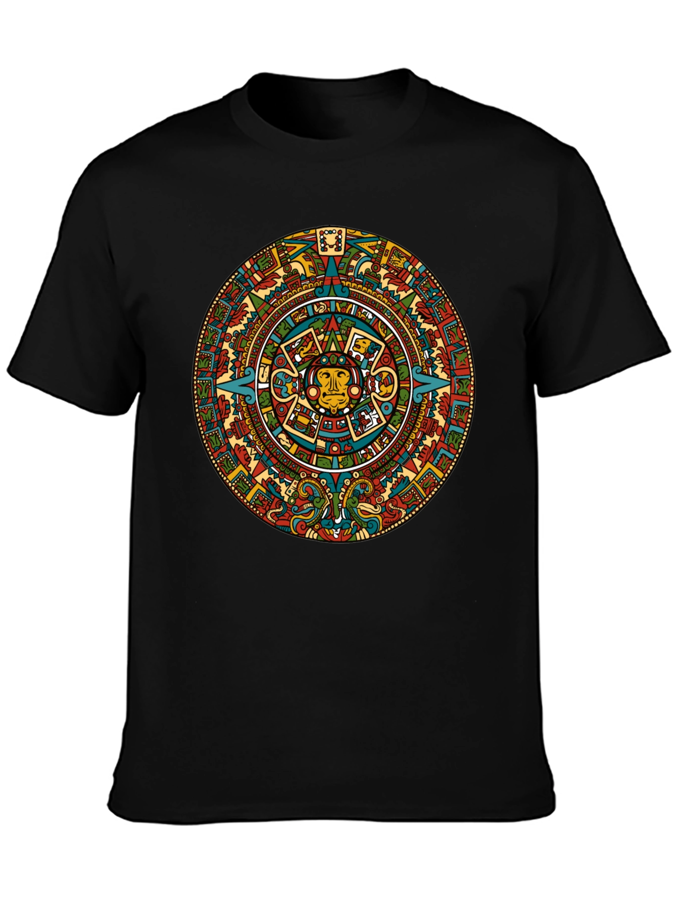 Aztec Calendar Graphic Tee - Black Crew Neck T-Shirt
