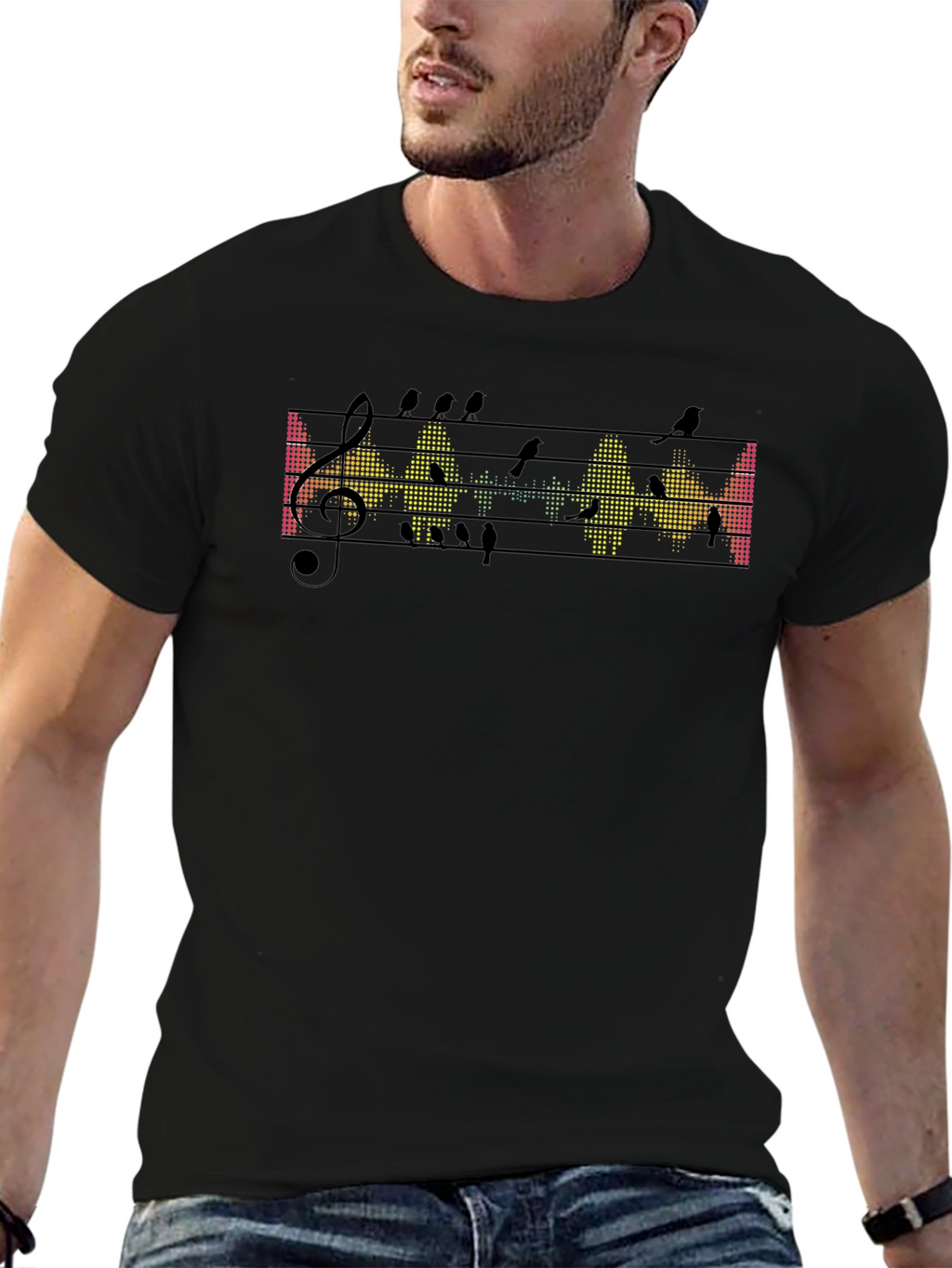 Musical Birds Graphic Tee - Black Cotton T-Shirt