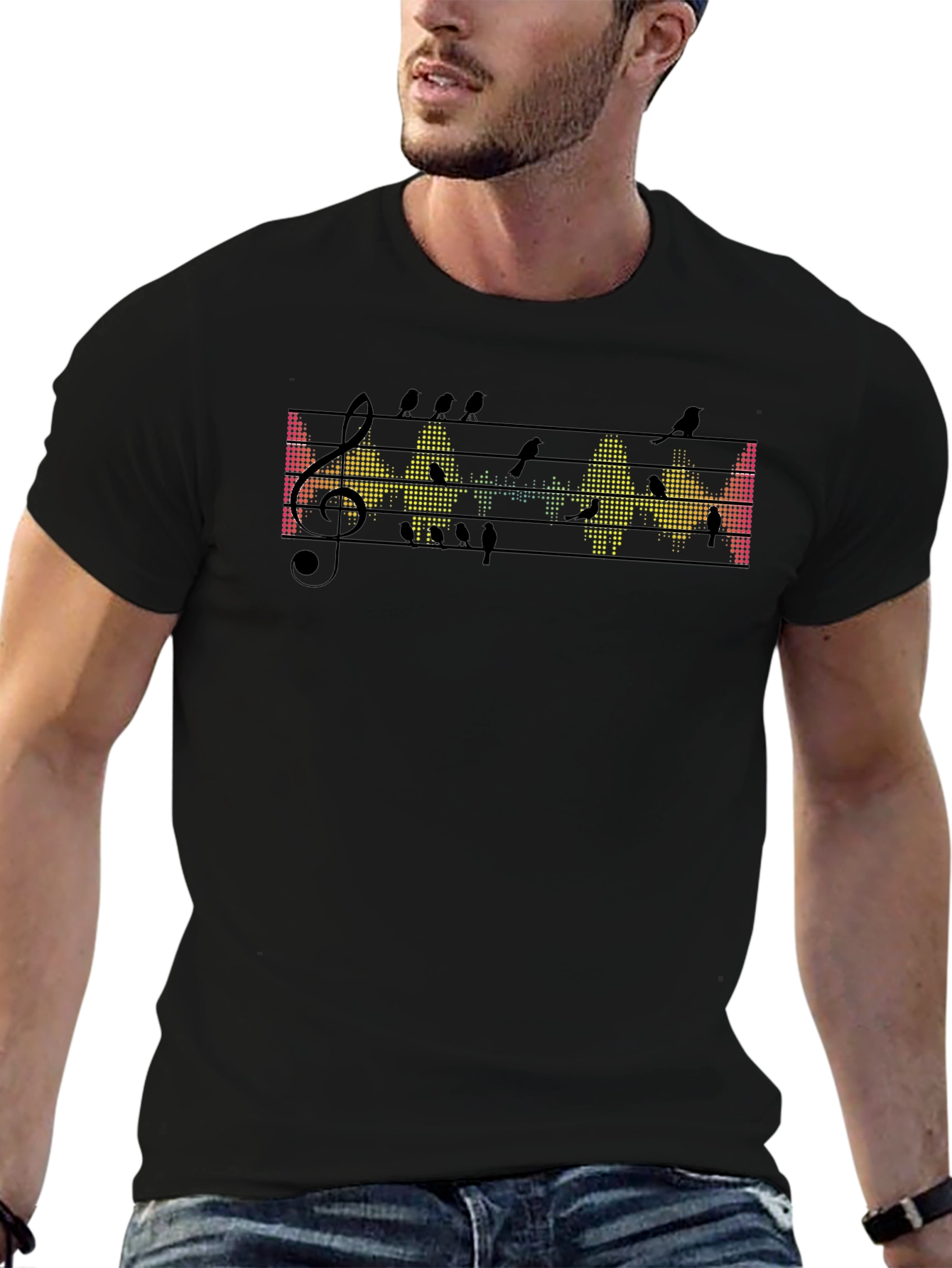 Musical Birds Graphic Tee - Black Cotton T-Shirt