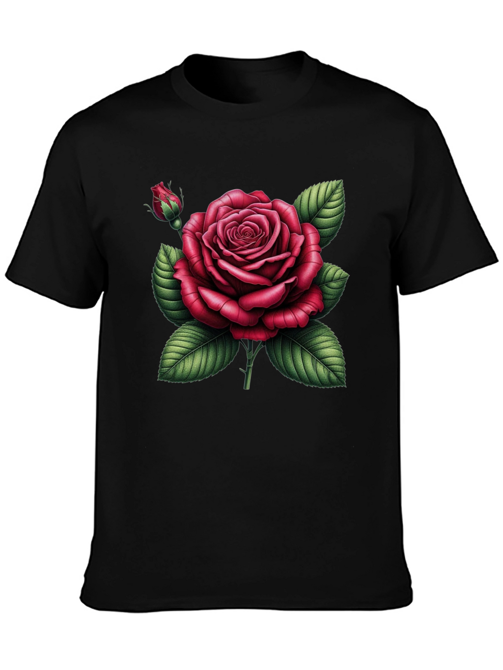 Black T-Shirt with Detailed Red Rose Graphic