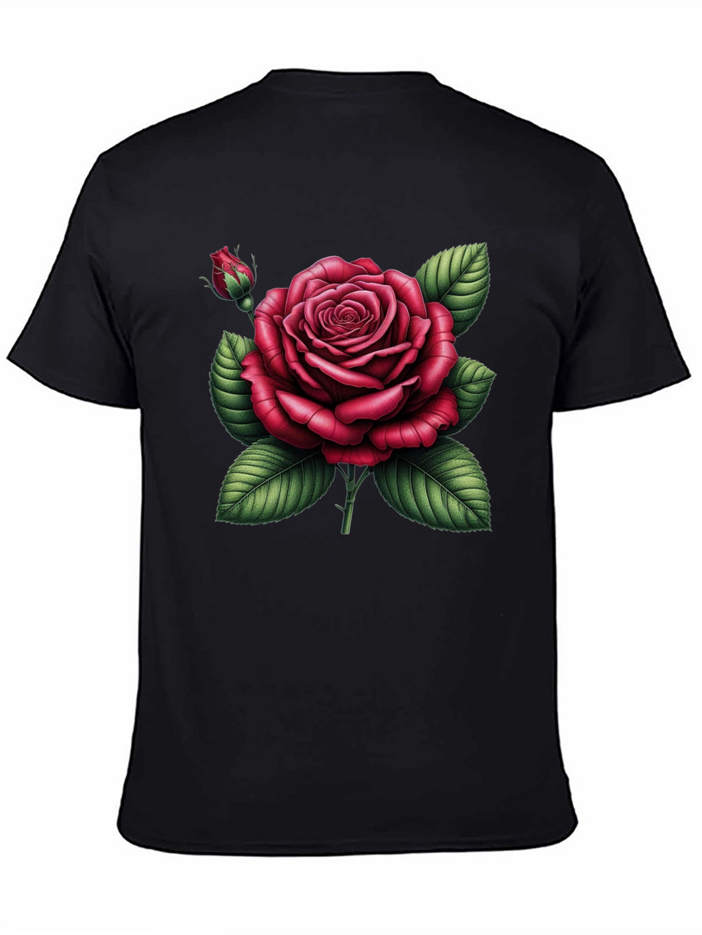 Black T-Shirt with Detailed Red Rose Graphic