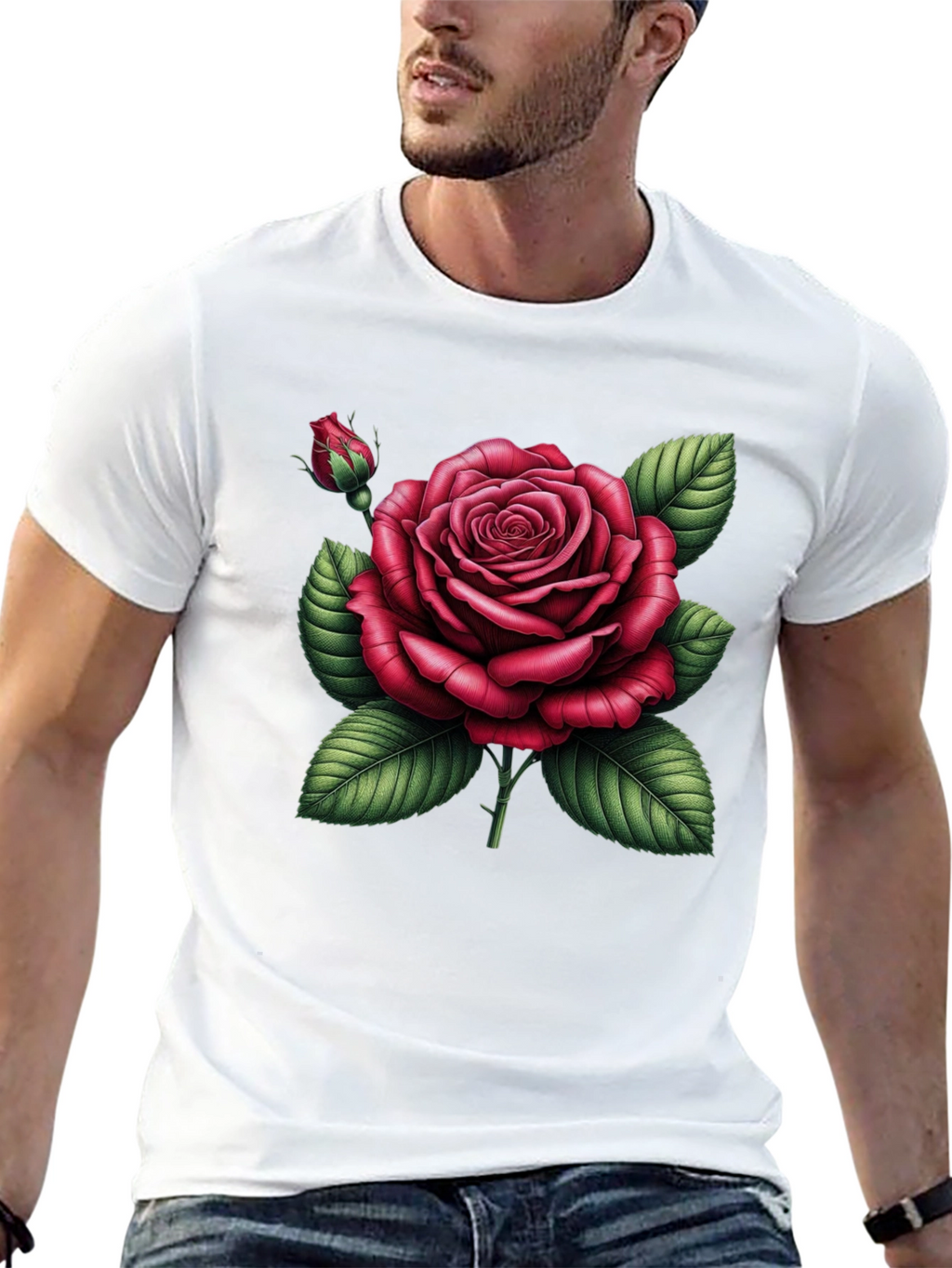 Black T-Shirt with Detailed Red Rose Graphic