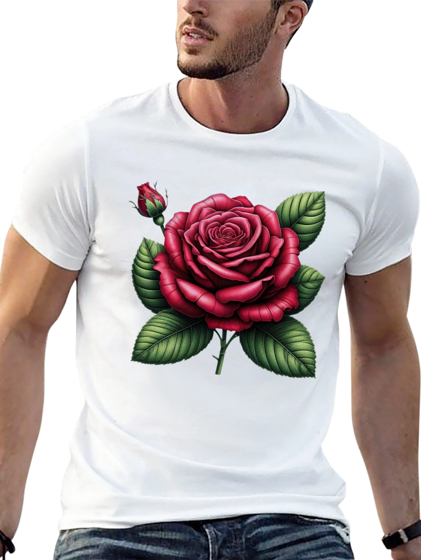 Black T-Shirt with Detailed Red Rose Graphic