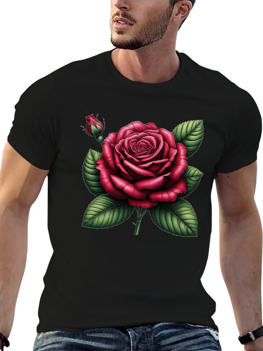 Black T-Shirt with Detailed Red Rose Graphic