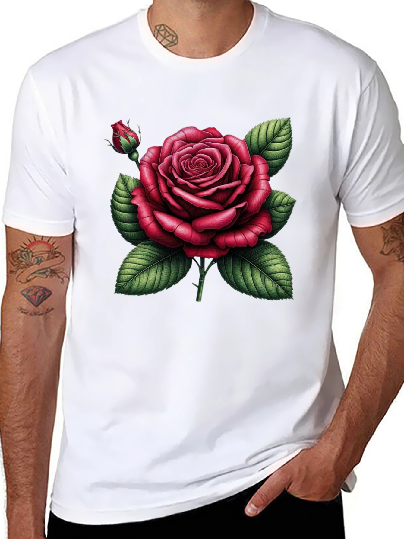 Black T-Shirt with Detailed Red Rose Graphic