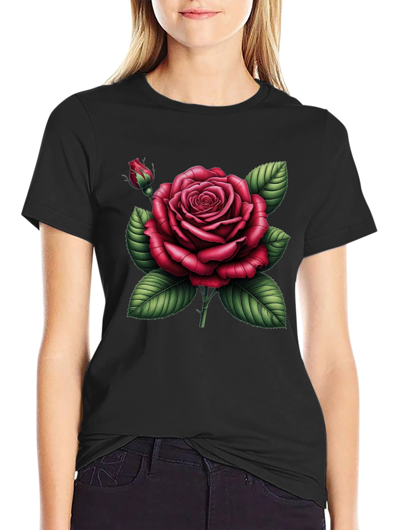 Black T-Shirt with Detailed Red Rose Graphic