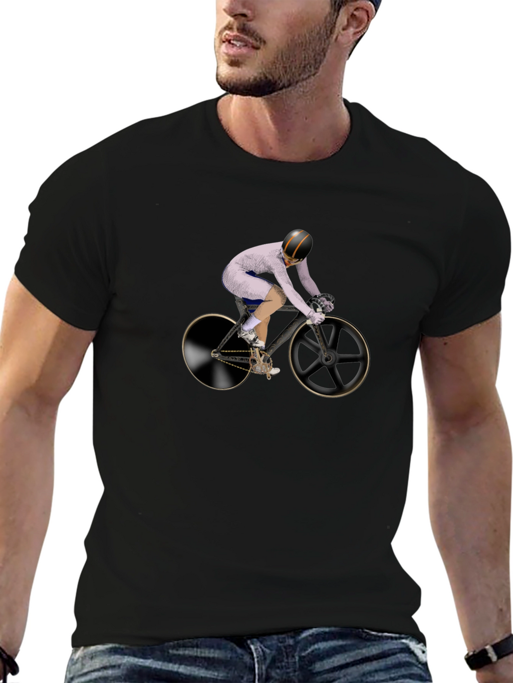 Mens Black T-Shirt with Cyclist Graphic