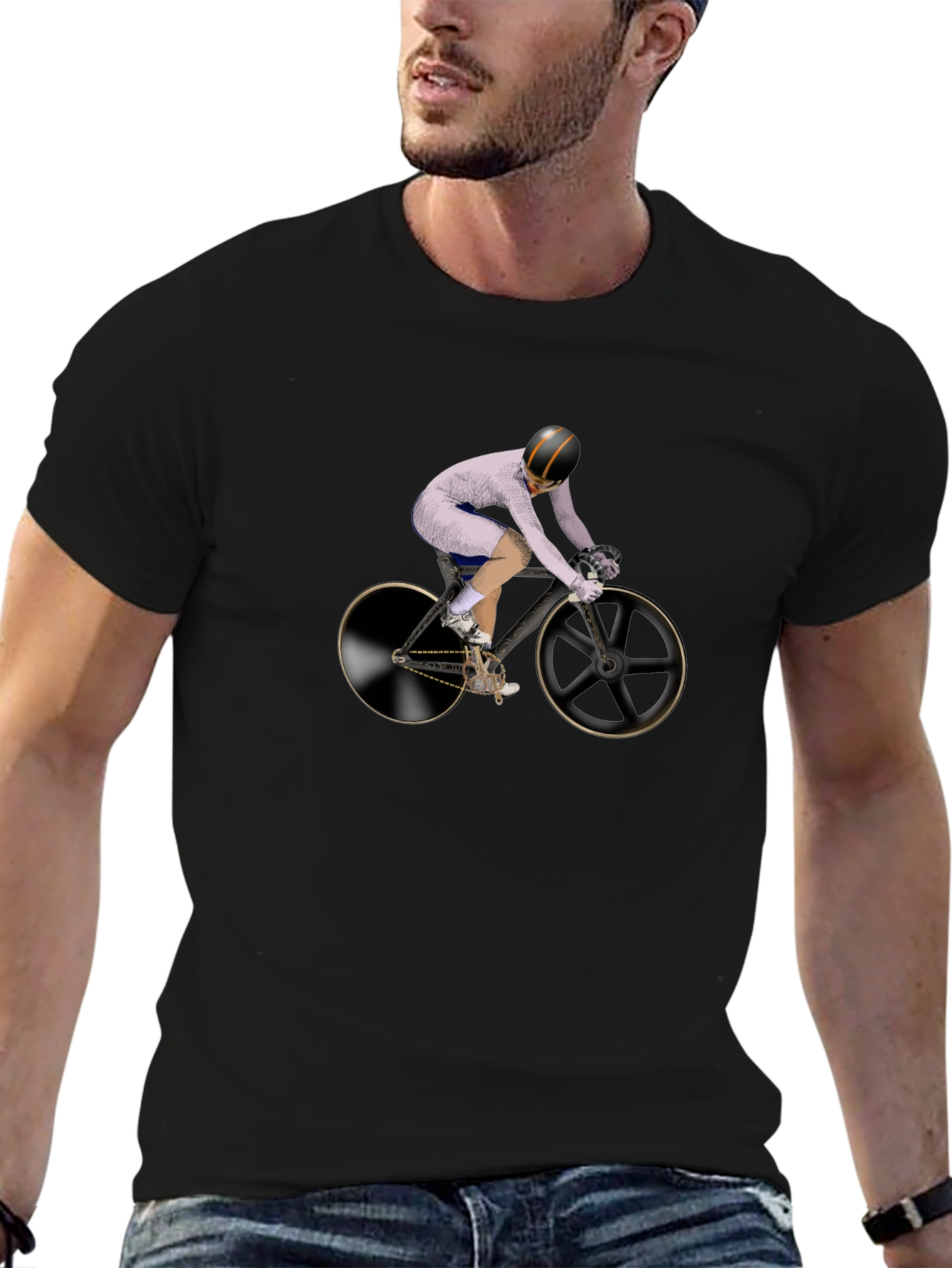 Mens Black T-Shirt with Cyclist Graphic