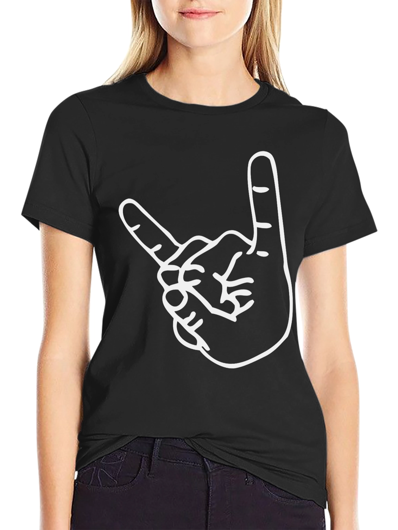 Rock On Hand Gesture Graphic Tee - Black T-Shirt