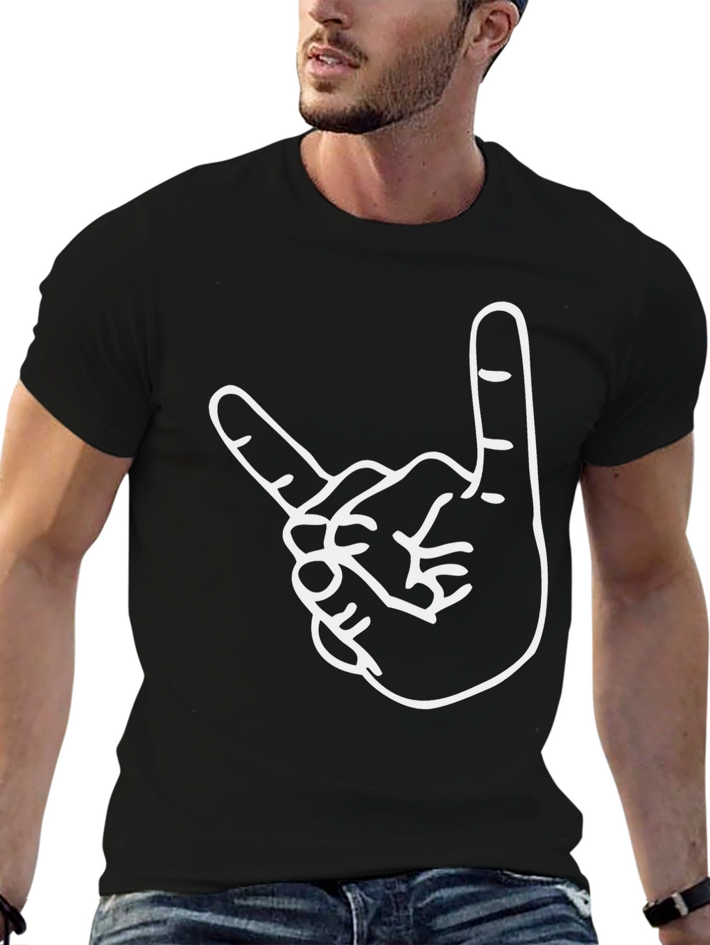 Rock On Hand Gesture Graphic Tee - Black T-Shirt