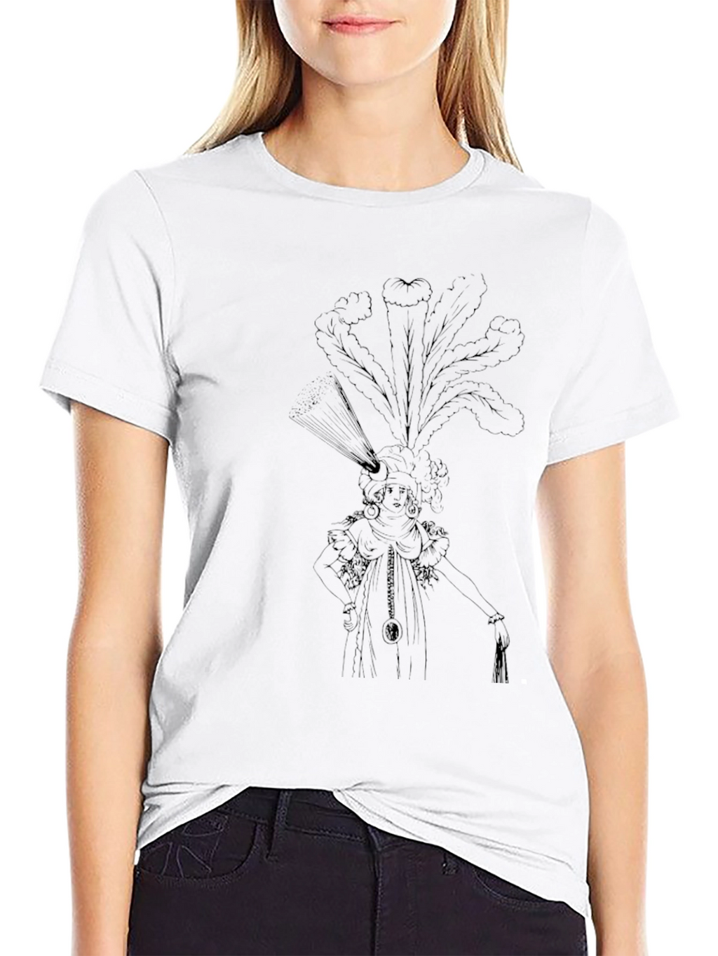 Elegant Black T-Shirt with Ornate Feather Headdress Design